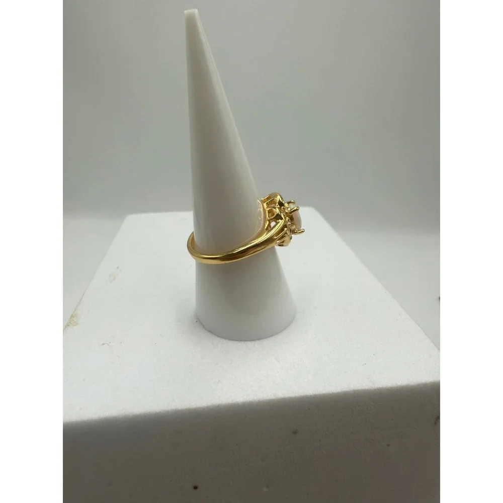 Vintage Gold Tone Opal Cabochon Rhinestone Swirl Ring Size 7.75